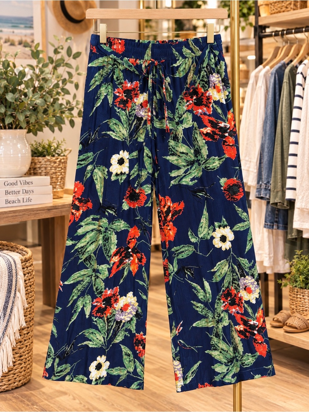 Hydraulic Navy Floral Boot-Cut Pants with Green & Red Accents